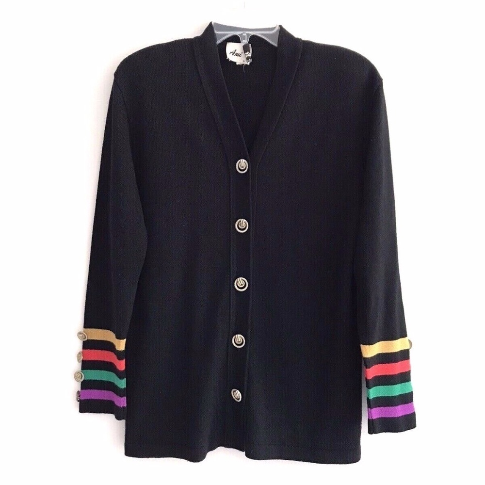 Vintage Ami Knits | Button Front Cardigan Womens 12 Black Ribbed Long Sleeves